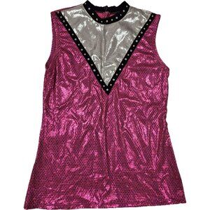 Girls Dance Cheerleading Costume Tank Top Metallic Pink Black Silver V Girls L
